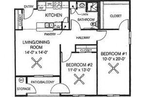 Floor plan for 2 beds, 1 bath, 932 sqft